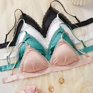 Elegant Lace Trim Triangle Bralette Set - Black, White, Teal, Tan